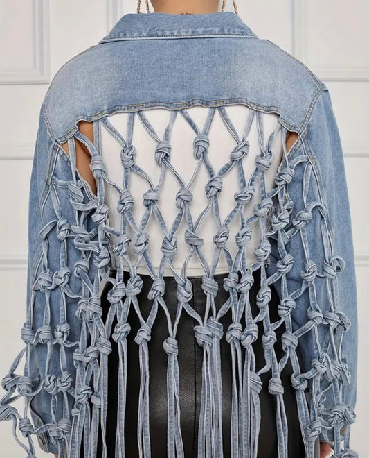 Cropped Denim Jacket with Tied Strap