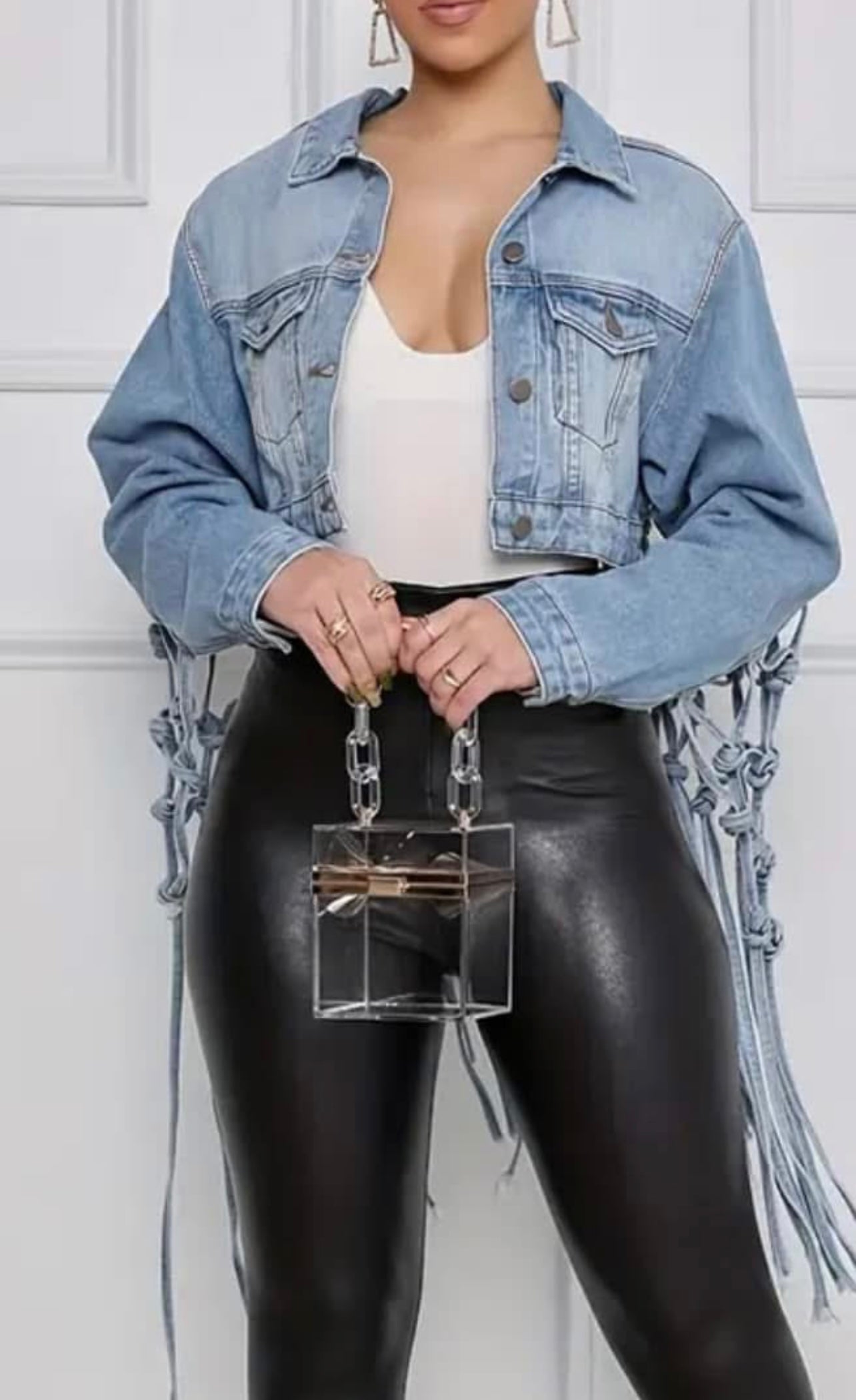 Cropped Denim Jacket with Tied Strap