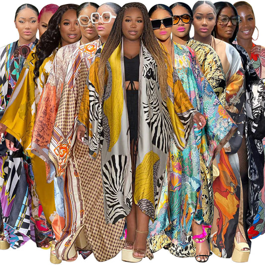 Women's Printed Loose Casual Kimono Long Sleeve Trench Coat