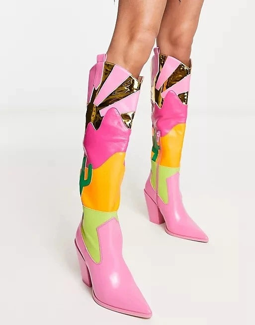 Ins Fashion Runway Chunky Heel Multi-color Mosaic Boots