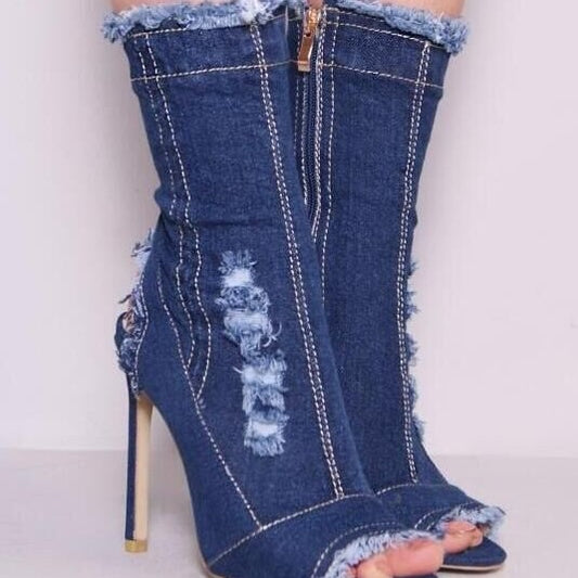 Fashion Runway Peep Toe Denim Ankle Boots