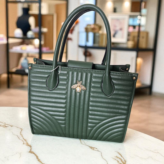 Emerald Luxe Quilted Tote with Pearl Bee Accent