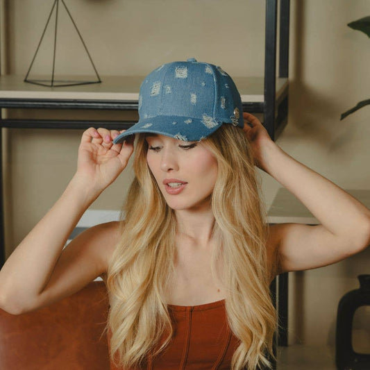 VIA FIORE Light Distressed Denim Baseball Cap
