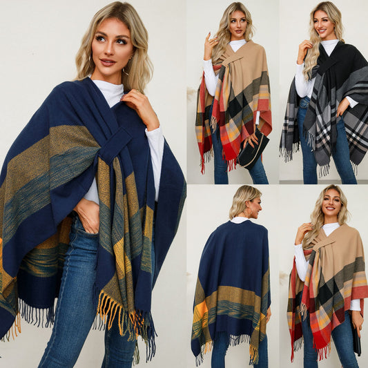 Plaid Tassel Cape Cloak
