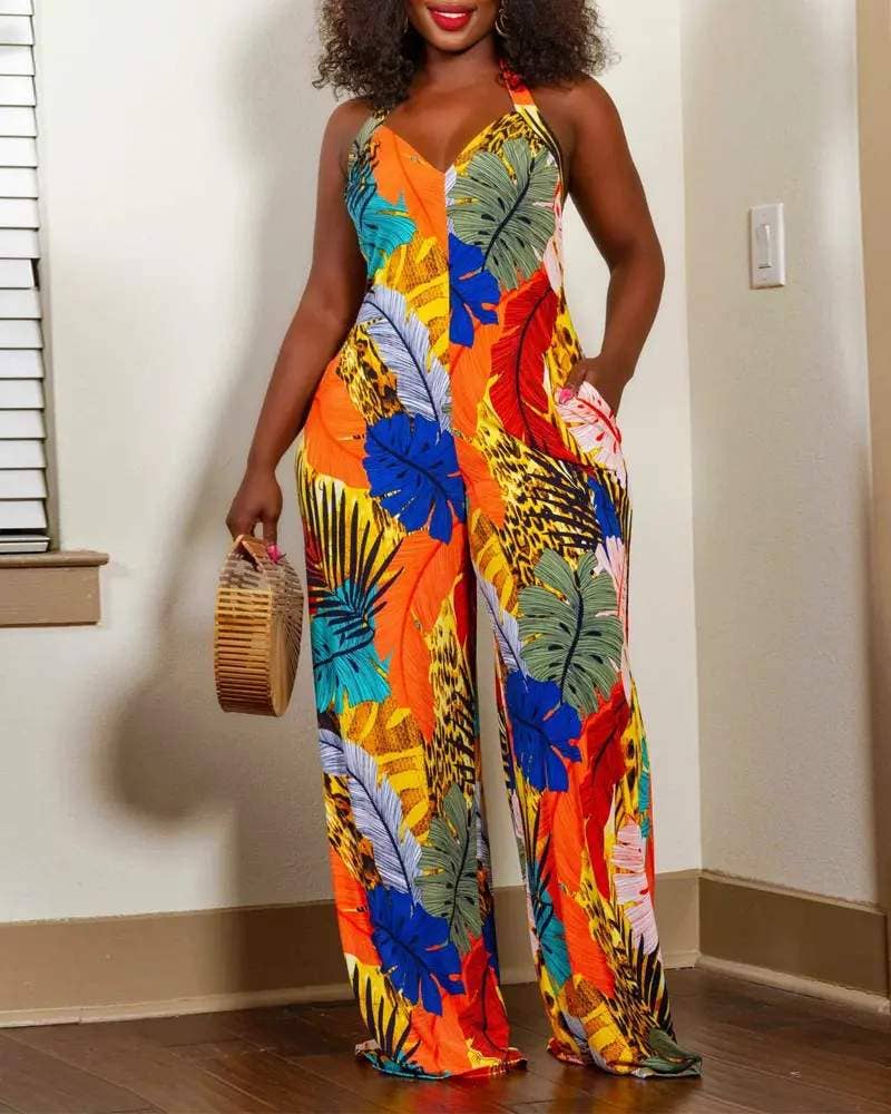 Tropical print halter backless wide leg jumpsuit