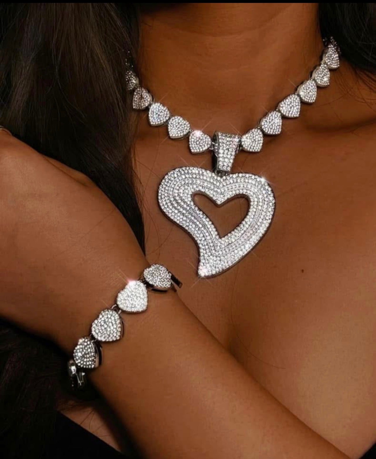 Cuban Heart Links Necklace & Bracelet Set