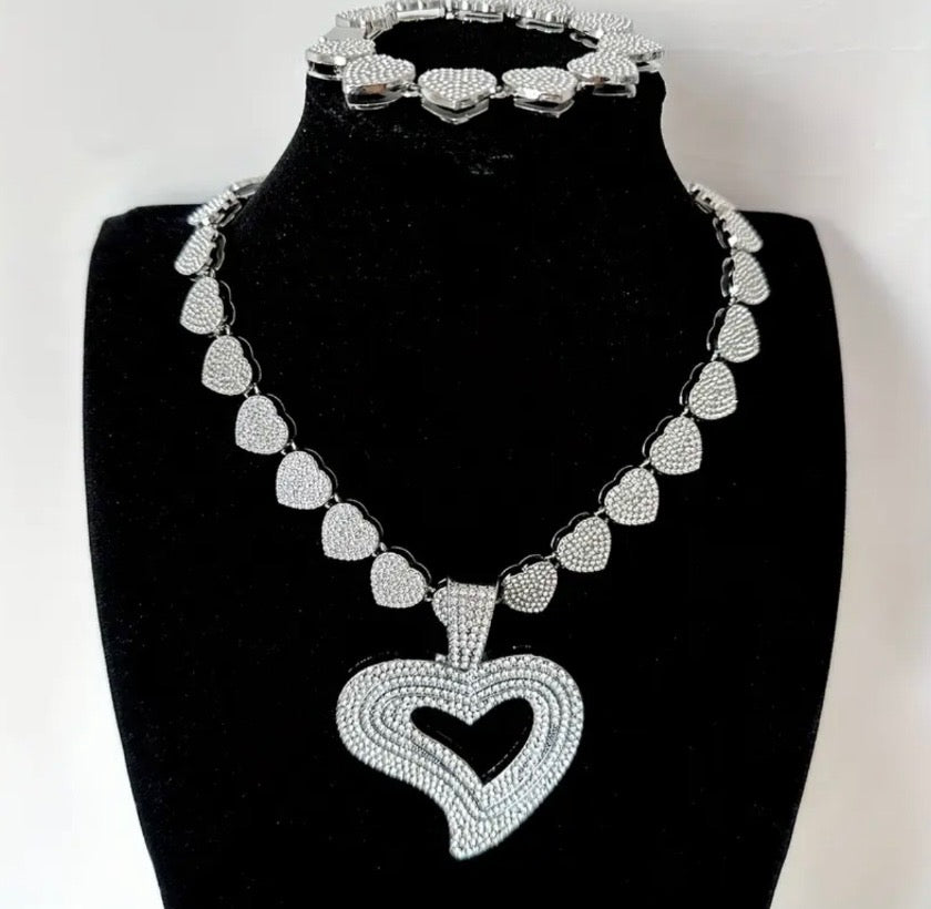 Cuban Heart Links Necklace & Bracelet Set