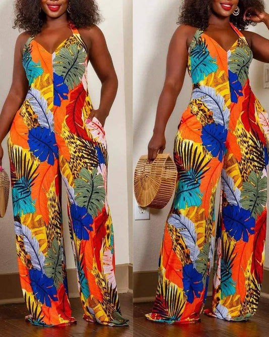 Tropical print halter backless wide leg jumpsuit