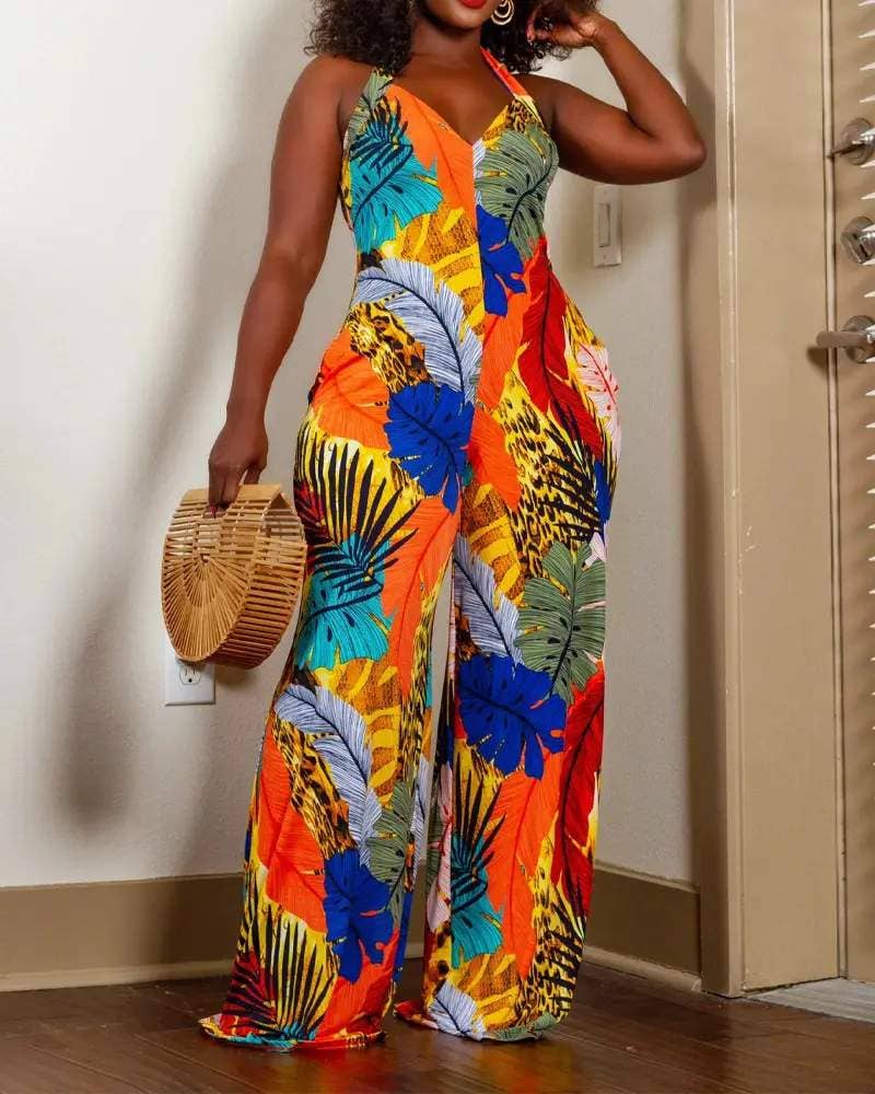 Tropical print halter backless wide leg jumpsuit