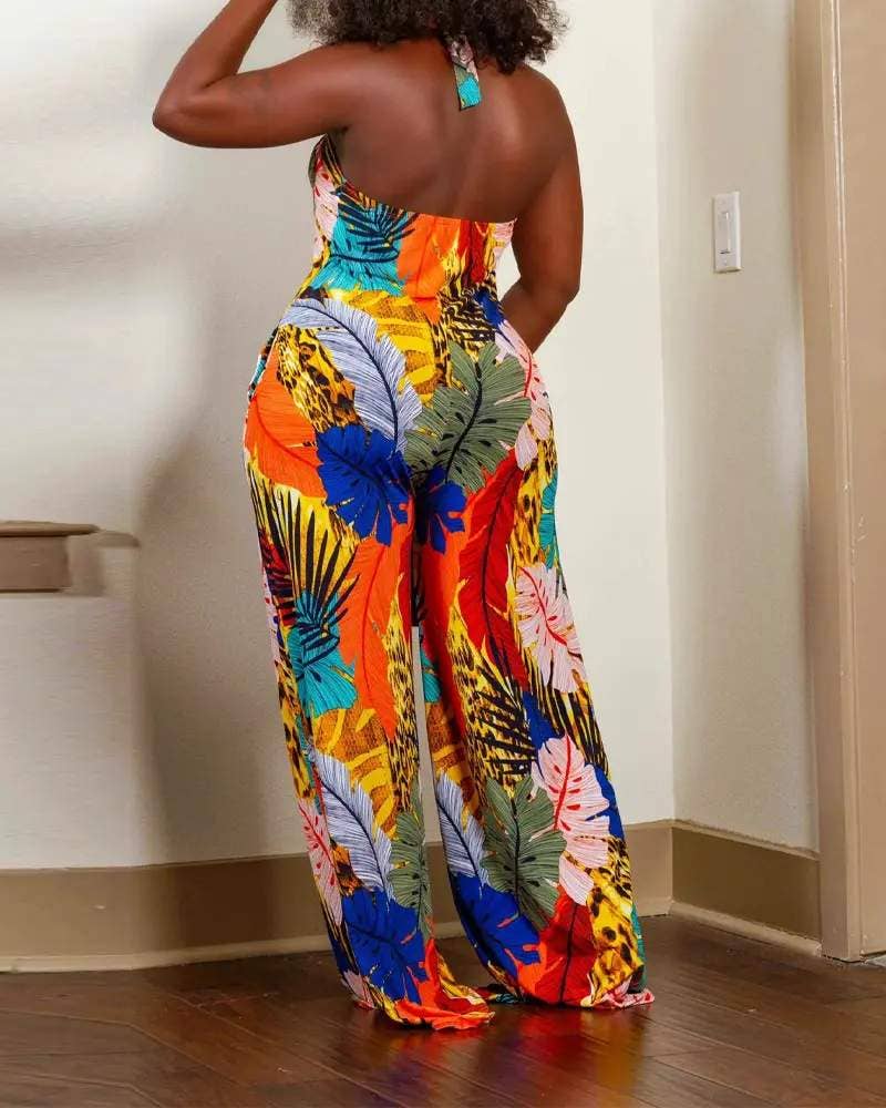 Tropical print halter backless wide leg jumpsuit